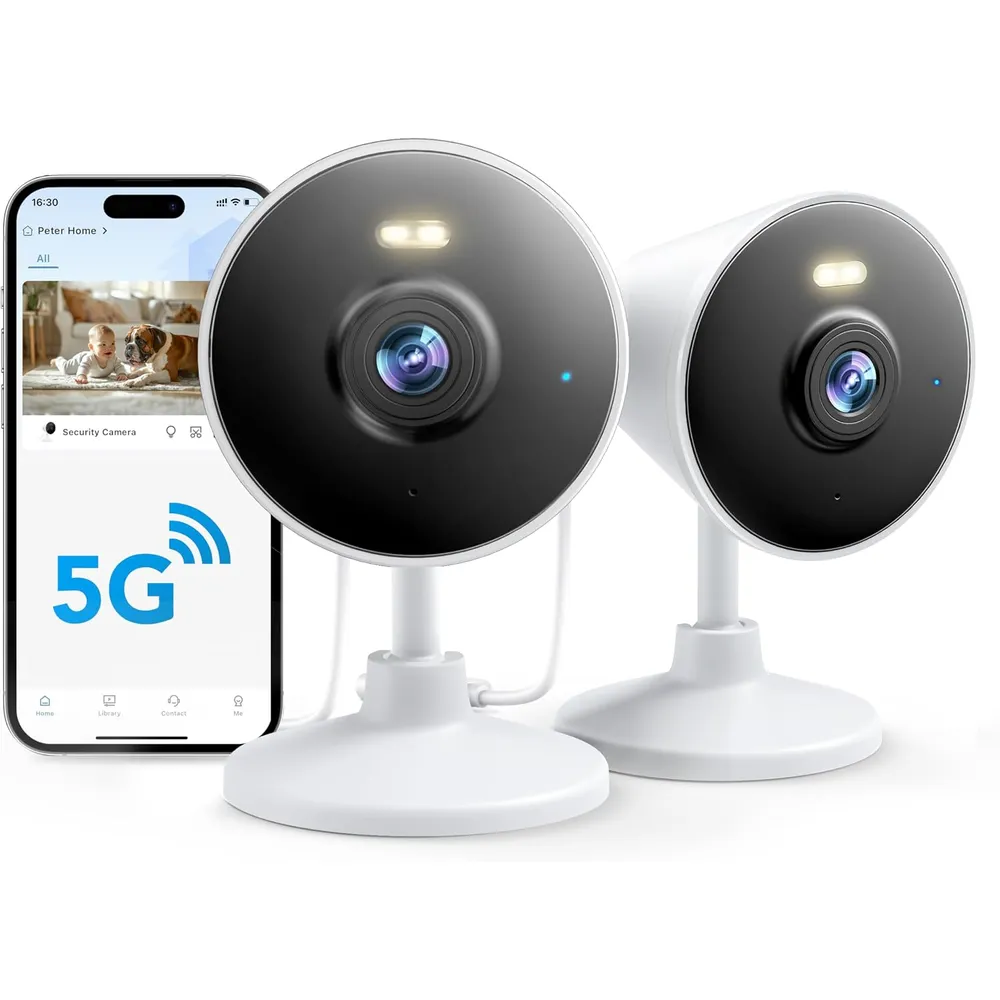 Dos cámaras de seguridad blancas con Wi-Fi 5G y app en el celular