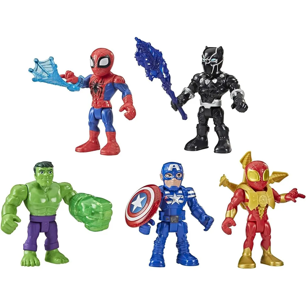 Cinco figuras Marvel: Spider-Man, Pantera Negra, Hulk, Capitán América e Iron Spider
