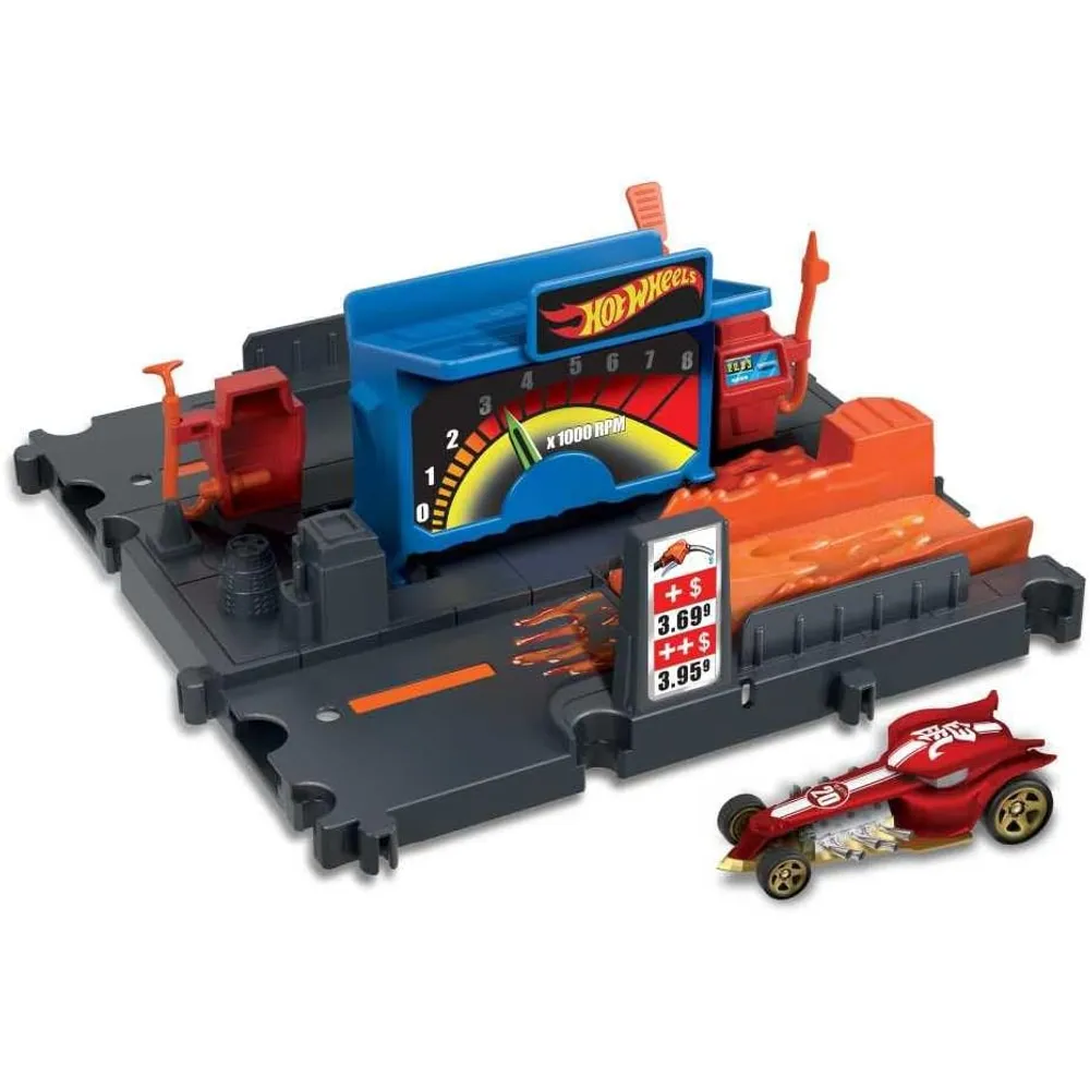 Pista Hot Wheels de gasolinera azul con un carro rojo