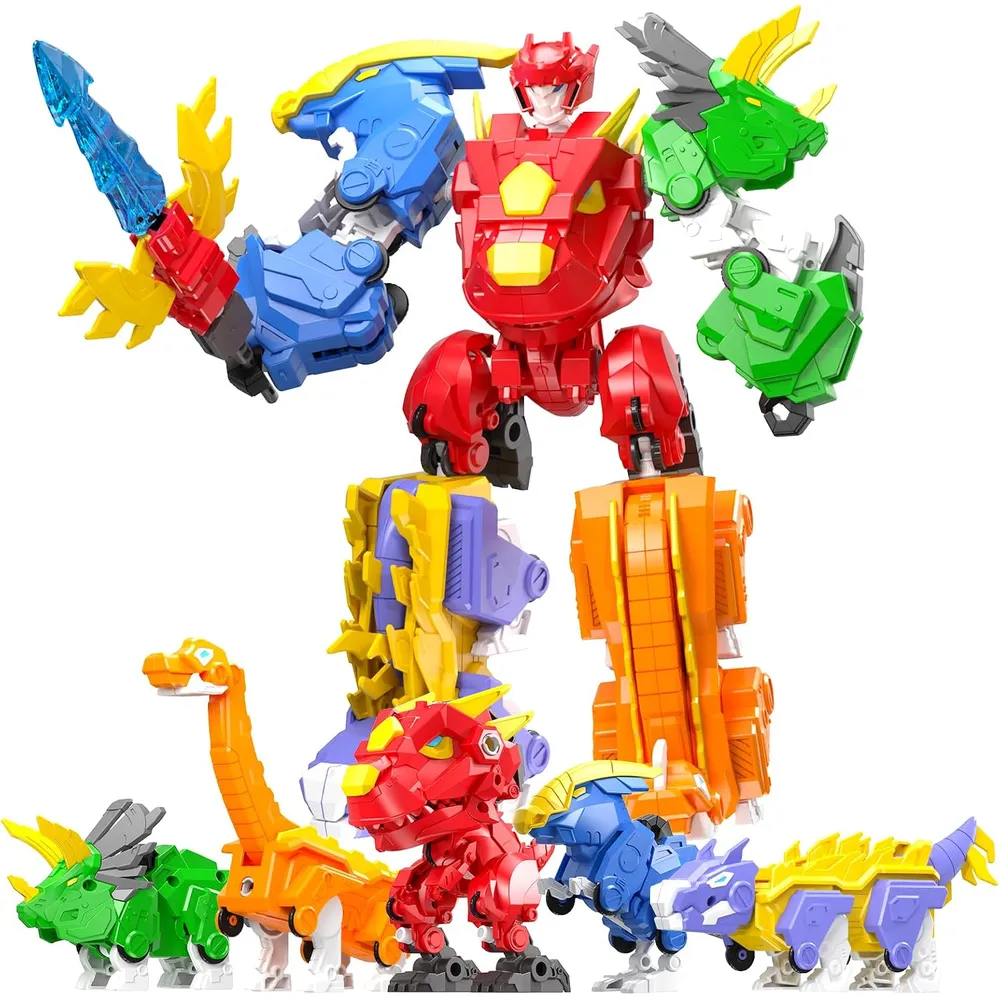Robot de juguete formado por cinco dinosaurios de colores