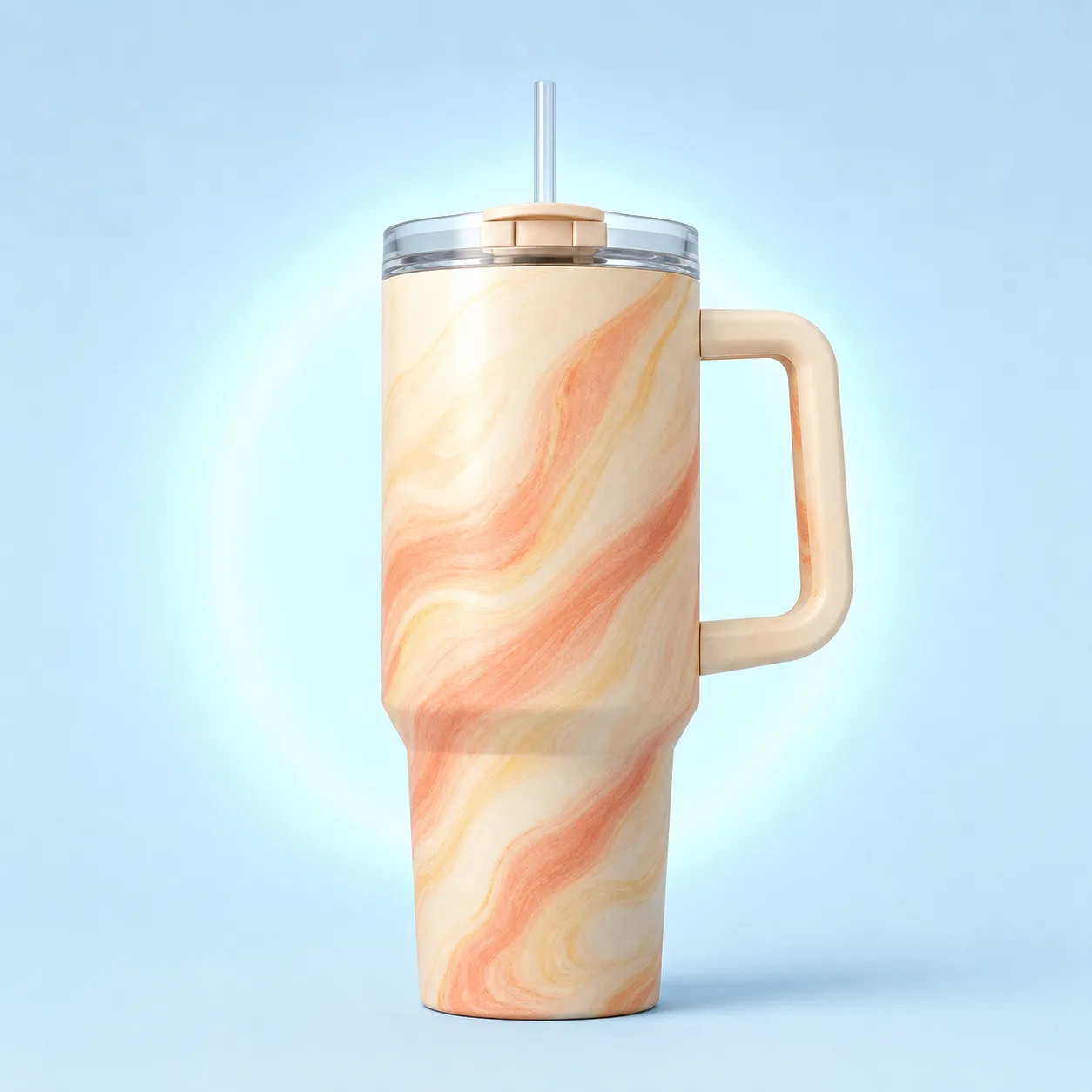 Representación de vaso térmico Stanley Quencher H2.0 de 30 oz acabado Sunrise Swirl